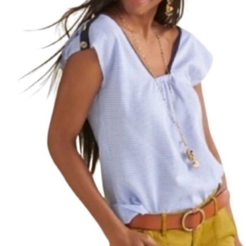 CAbi Windward Blue & White Striped Sleeveless Nautical Buttons Top #5600…